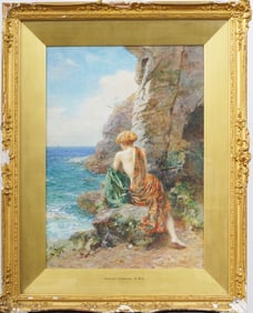 Arthur Hopkins (1848 - 1930)  Antique Signed Nude Woman Beach Scene Original Watercolor Painting