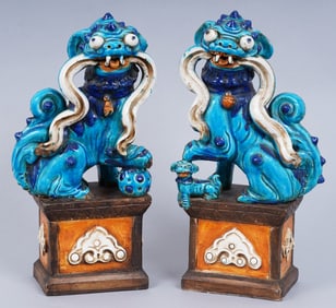Vintage Pair of Chinese Porcelain Painted Foo Dog Sculptures
