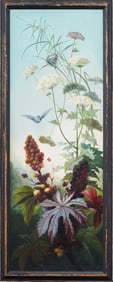 Large 19th Century American School Realist Bird Portrait Flower Still Life Framed Oil Painting