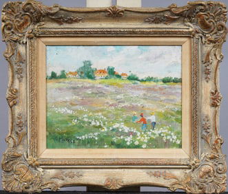 Antique French Flower Farm Landscape Framed Impressionist Signed Oil Painting