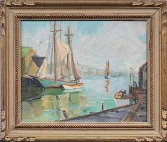 May Spear Clinedinst (1887-1960) Antique American Impressionist Gloucester Harbor Seascape Painting