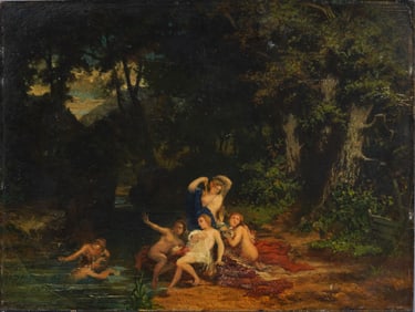 Antique Old Master European Nude Women Bathing Landscape Original Oil Painting