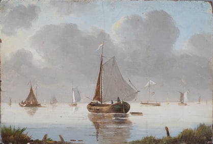 Antique European Bustling Harbor French Sailboat Oil Painting