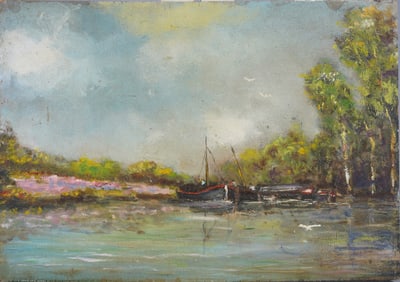 Antique American School Seascape Sailboat Oil Paintng