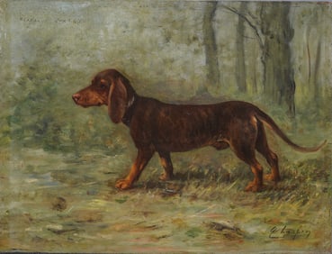 Finely Painted Signed European Landscape with Dachshund Dog Strolling Original Oil Painting