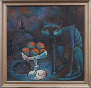 Vintage Signed Modernist Abstract Cat Portrait Framed Original Oil Painting