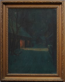 Svend Rasmussen Svendsen (1864 - 1945) Signed Nocturnal Winter Snow Landscape Oil Painting