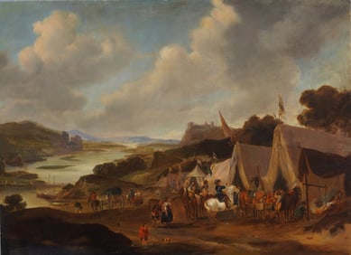 Large Finely Painted 18th/19th Century European River Camp Bustling Scene Original Oil Painting
