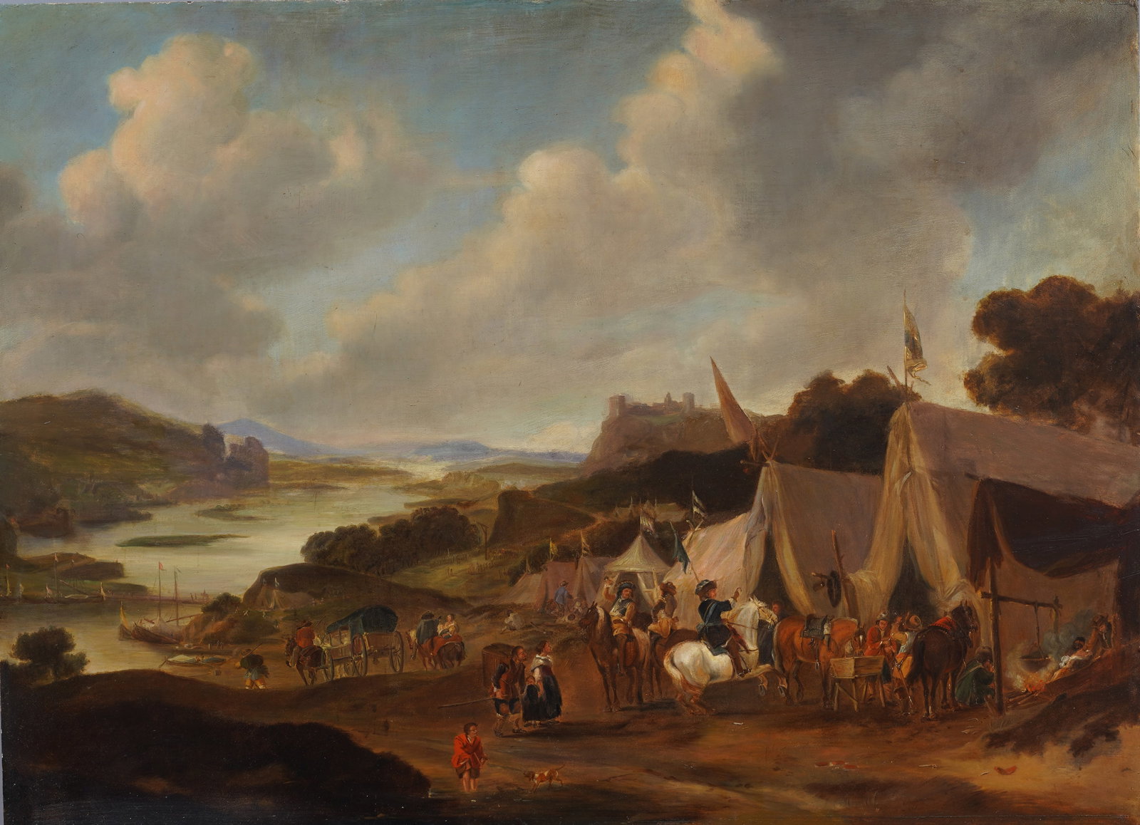 Large Finely Painted 18th/19th Century European River Camp Bustling Scene Original Oil Painting (1 of 5)