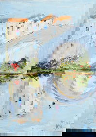 Signed European Impressionist Canal Cityscape Oil Painting