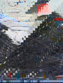 Vintage Impressionist Docking Cruise Ship Signed Oil Painting