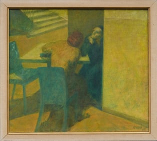 Signed "Rivera 1967"  Vintage Modernist Interior Scene Portrait Oil Painting