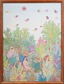 Manuel Lepe (1936 - 1984) Signed Mexican Modernist Folk Art Landscape Large Framed Painting