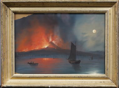 Incredible Antique Italian Vesuvius Erupting Nocturnal Lava Explosion Gouache Painting