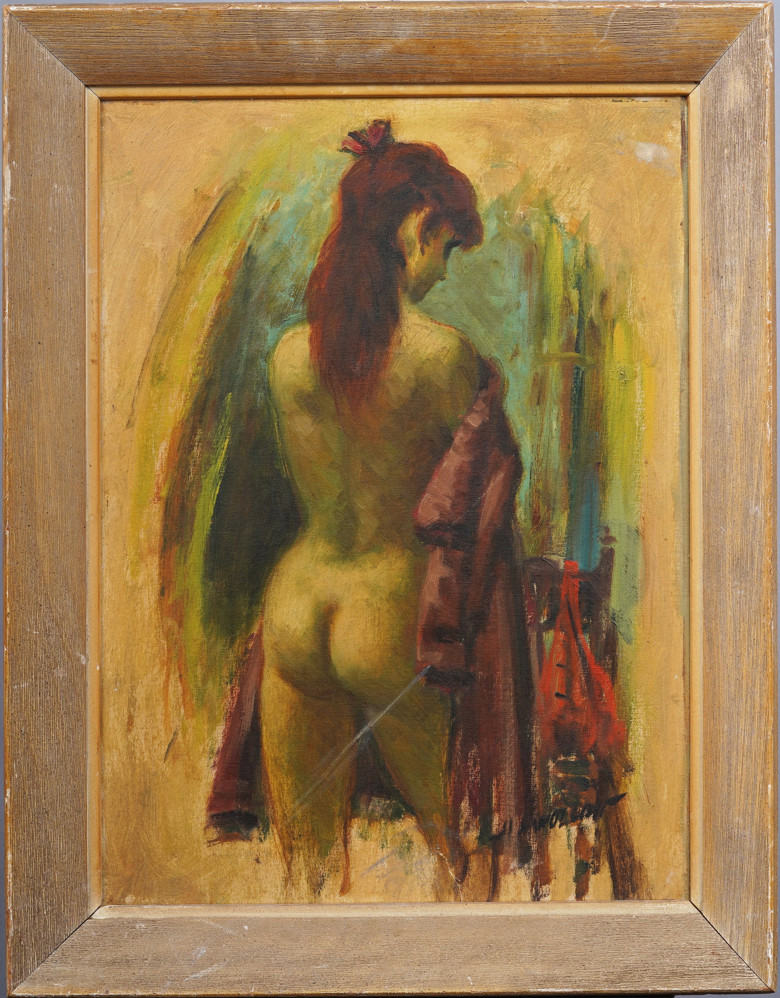 Harold C Wolcott (1898 - 1977) Antique American Impressionist Nude Interior Oil Painting: Antique American oil painting by Harold C Wolcott (1898 - 1977). Oil on board. Signed. Framed. Measuring 23 by 29 inches overall and 18 by 24 painting alone. Please see all images for condition. Size