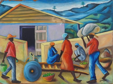 Large Haitian Modernist Signed "J.D. Raymond" Original Farm Landscape Oil Painting