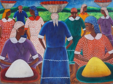 Castera Bazile (1923 - 1966) Large Haitian Modernist Signed  Original Farm Landscape Oil Painting