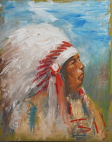 Signed Native American Indian Chief Oil Painting Portrait