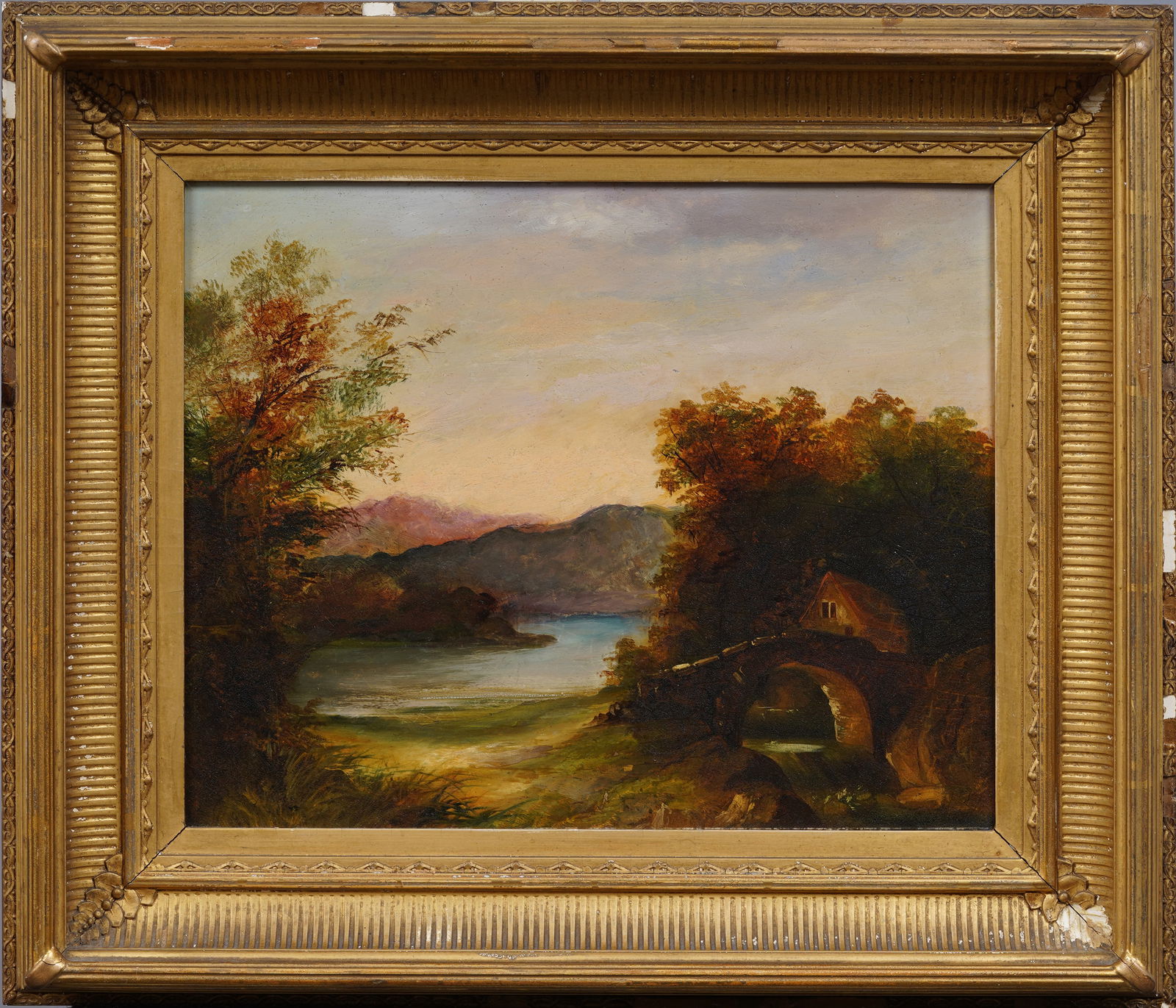 Antique American Hudson River School Sunset Landscape Fluted Cove Frame Oil Painting (1 of 5)