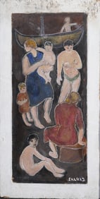 Signed Antique European Modernist Nude Beach Seascape Original Signed Oil Painting