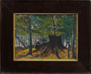 Antique Canadian Impressionist Forest Interior Landscape Framed Oil Painting