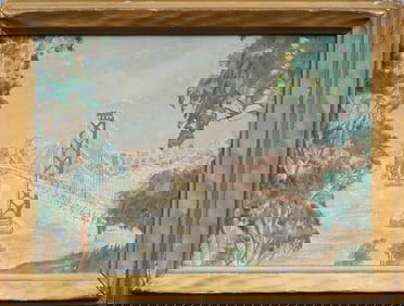 Antique California Impressionist Landscape San Francisco Bay Bridge Framed Oil Painting