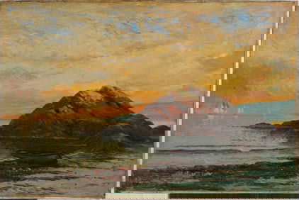 Antique American Sunset Coastal Signed Hudson River School Luminous Seascape Oil Painting