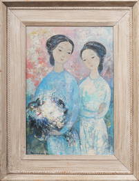 Vu Cao Dam (1908 - 2000) Signed Important Vietnamese Modernist Flower Portrait Oil Painting