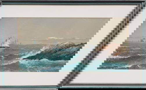 Edmund Darch Lewis (1835-1910) Signed American 19th Century Coastal Watercolor Framed Painting: Antique American coastal seascape painting by Edmund Darch Lewis (1835 - 1910). Watercolor and gouache on paper. Signed. Framed. Measuring 15 by 25 inches overall and 9 by 19 painting alone. Please se