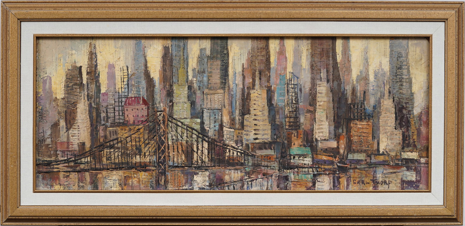 Carl M. Thorp (1912 - 1989) Signed New York City Brooklyn Bridge View Framed Modern Oil Painting (1 of 7)