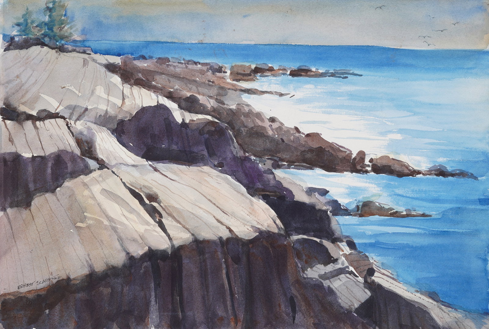 Ernest Scarfone Signed American Impressionist Coastal Landscape Watercolor Painting (1 of 4)