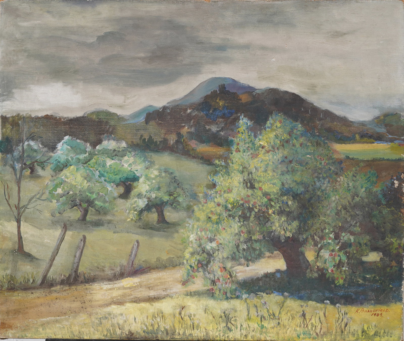 Kitty Brandfield (1910 - 1999) Signed 1939 American Modernist Farm Landscape Oil Painting (1 of 5)