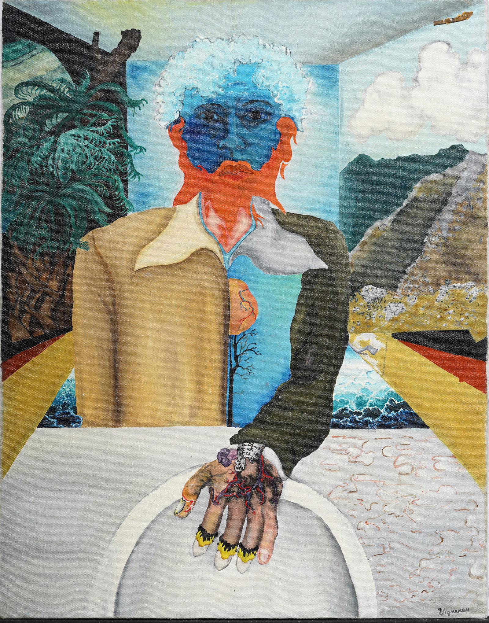 Frederich Vigneron Vintage Signed Surreal French Male Portrait Abstract Landscape Oil Painting (1 of 5)