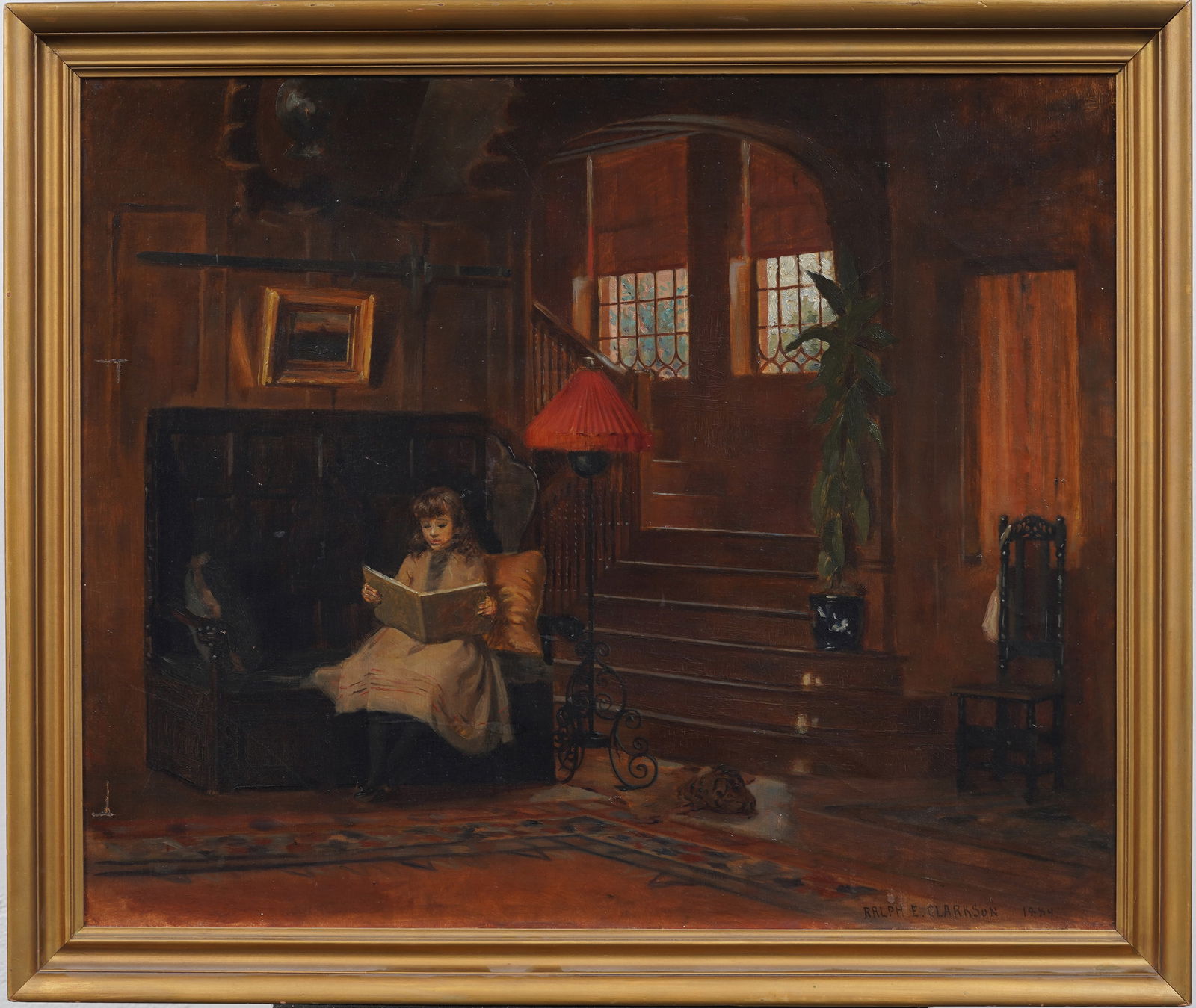 Ralph Elmer Clarkson (1861 - 1942) Signed American Impressionist Girl Reading Interior Oil Painting (1 of 7)
