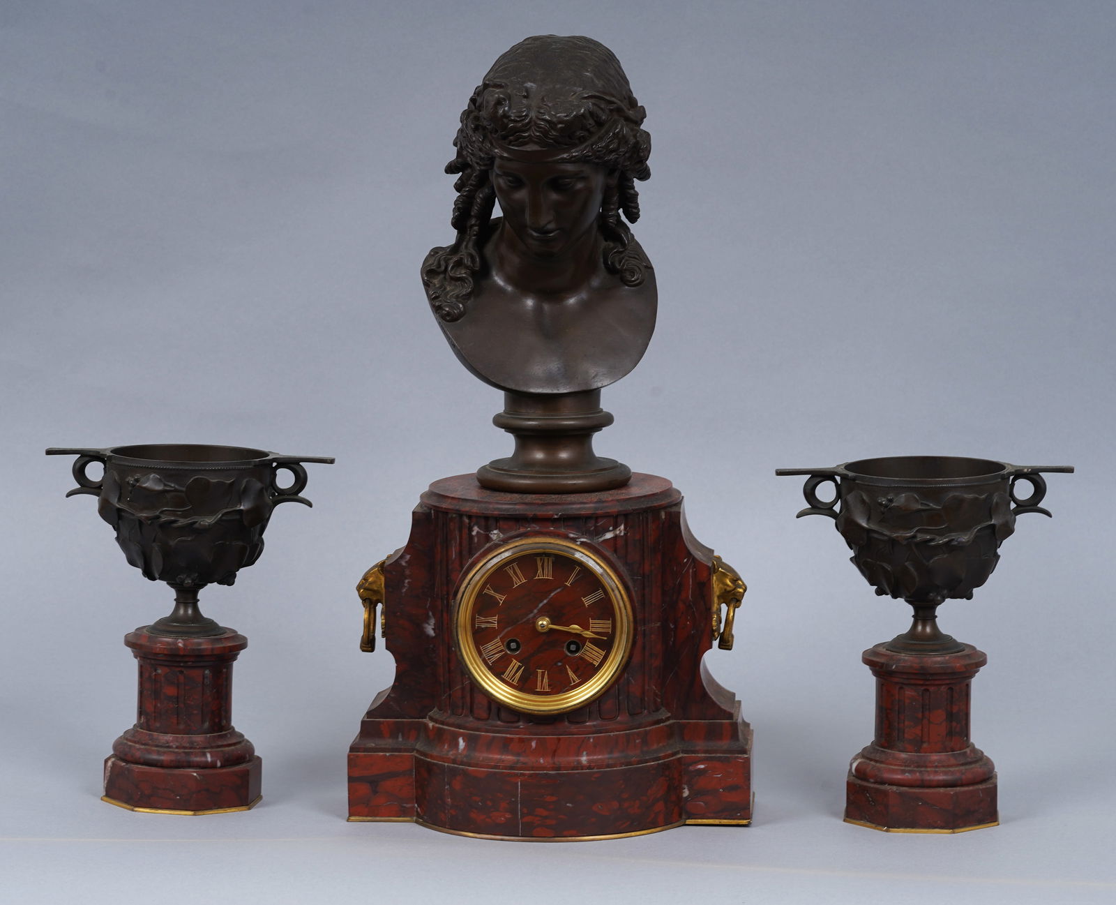 Ferdinand Barbedienne (1810 - 1892) Rare Large Detailed French Rouge Griotte Mantle Clock Sett (1 of 11)