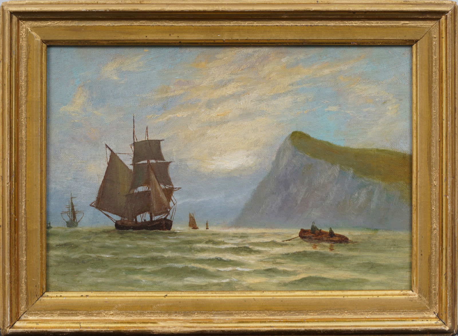 Antique English Sunset Seascape Framed 19th Century Sailboat Oil Painting (1 of 6)