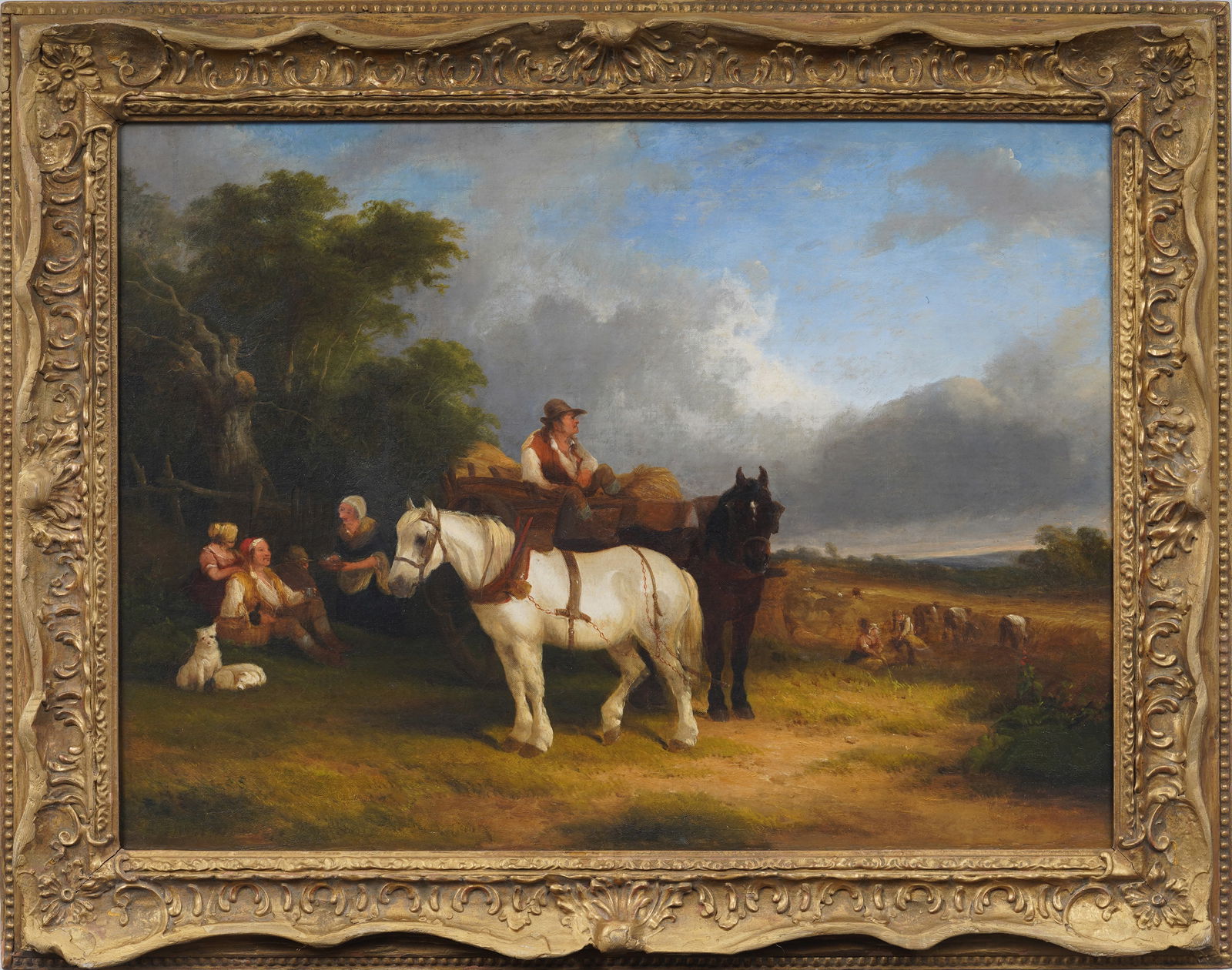 Antique European Bucolic Horse Drawn Cart Farm Landscape Framed Oil Painting (1 of 6)
