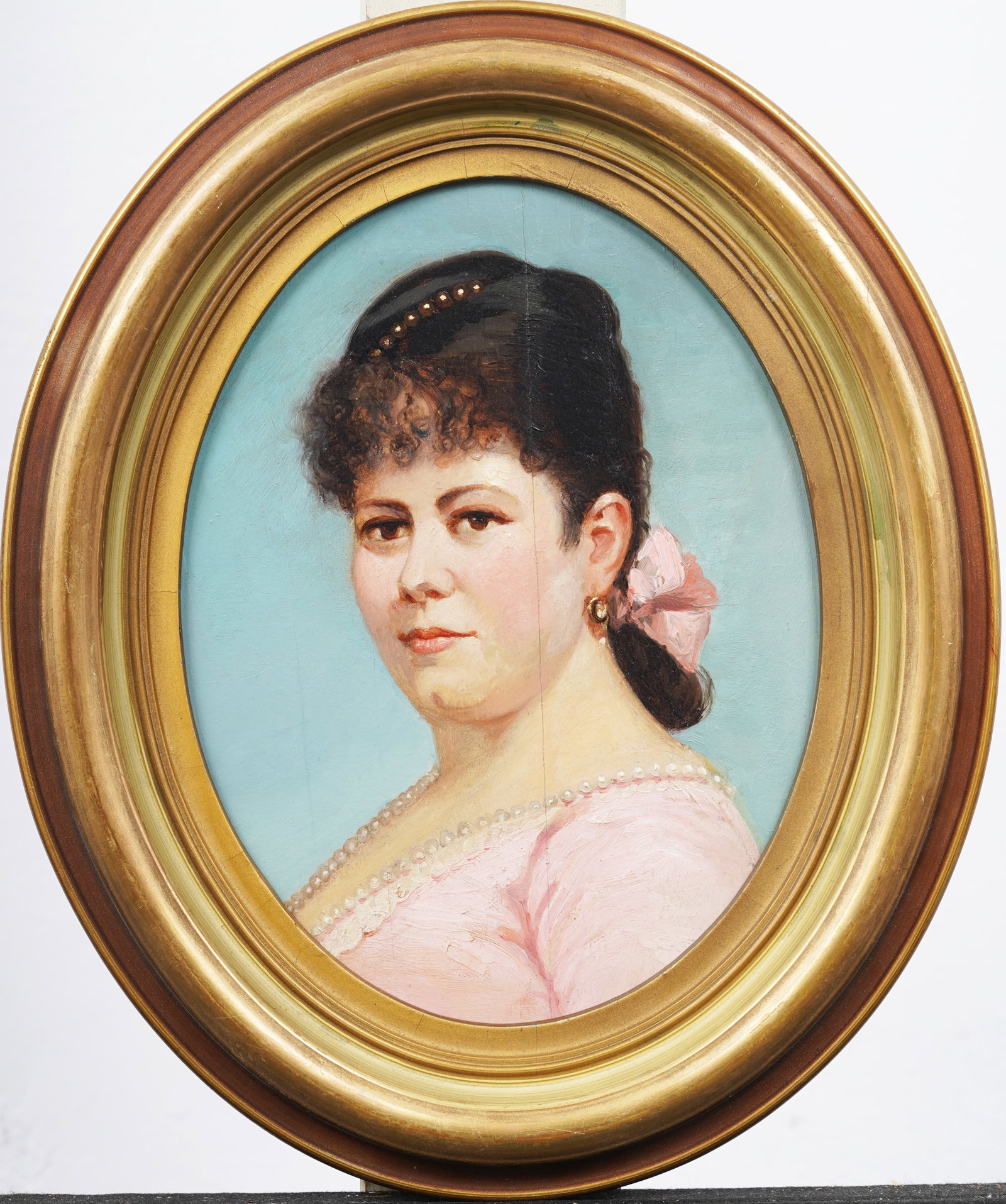 Antique American or European Realist Woman Portrait Framed Oil Painting: Antique American or European oil painting. Oil on panel. Framed. Measuring 13 by 15 inches overall and 8.5 by 11.25 painting alone. Please see all images for condition. Size is measured and written on