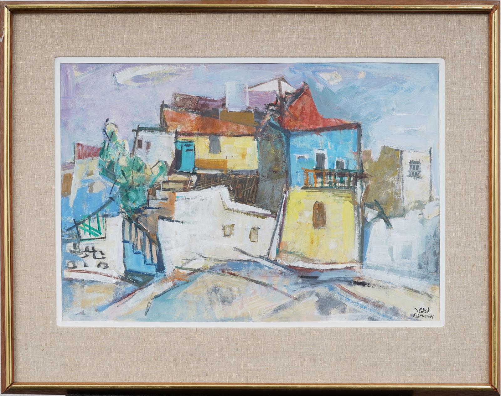 Jacob Eisenscher (1896-1980) Antique Israeli Modernist Street Scene Framed Cubist Painting (1 of 8)