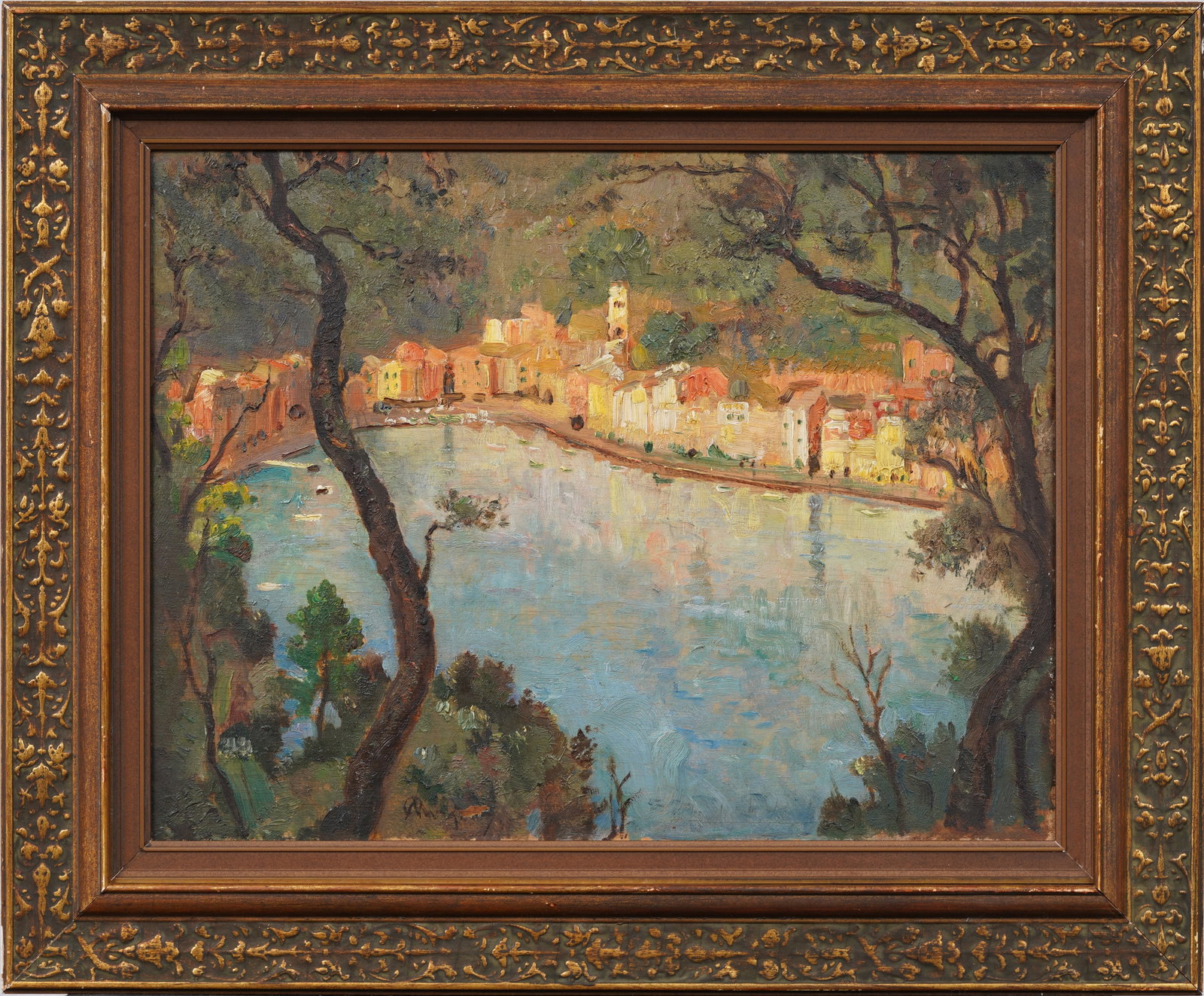 Antique Italian Impressionist Coastal Cityscape Framed Portofino Rare Signed Fine Oil Painting: Antique Italian Portofino cityscape oil painting. Oil on board. Signed. Framed. Measuring 17 by 20 inches and 11.5 by 15 painting alone. Please see all images for condition. Size is measured and writt