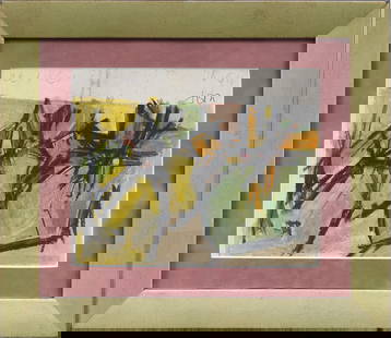 Leon Wall (1916 - 1980) Antique American Modernist Abstract Expressionist Framed Oil Painting: Vintage American abstract expressionist painting by Leon Wall (1916 - 1980). Mixed media on paper. Signed. Framed. Measuring 13 by 15 inches overall and 8 by 10 painting alone. Please see all images f