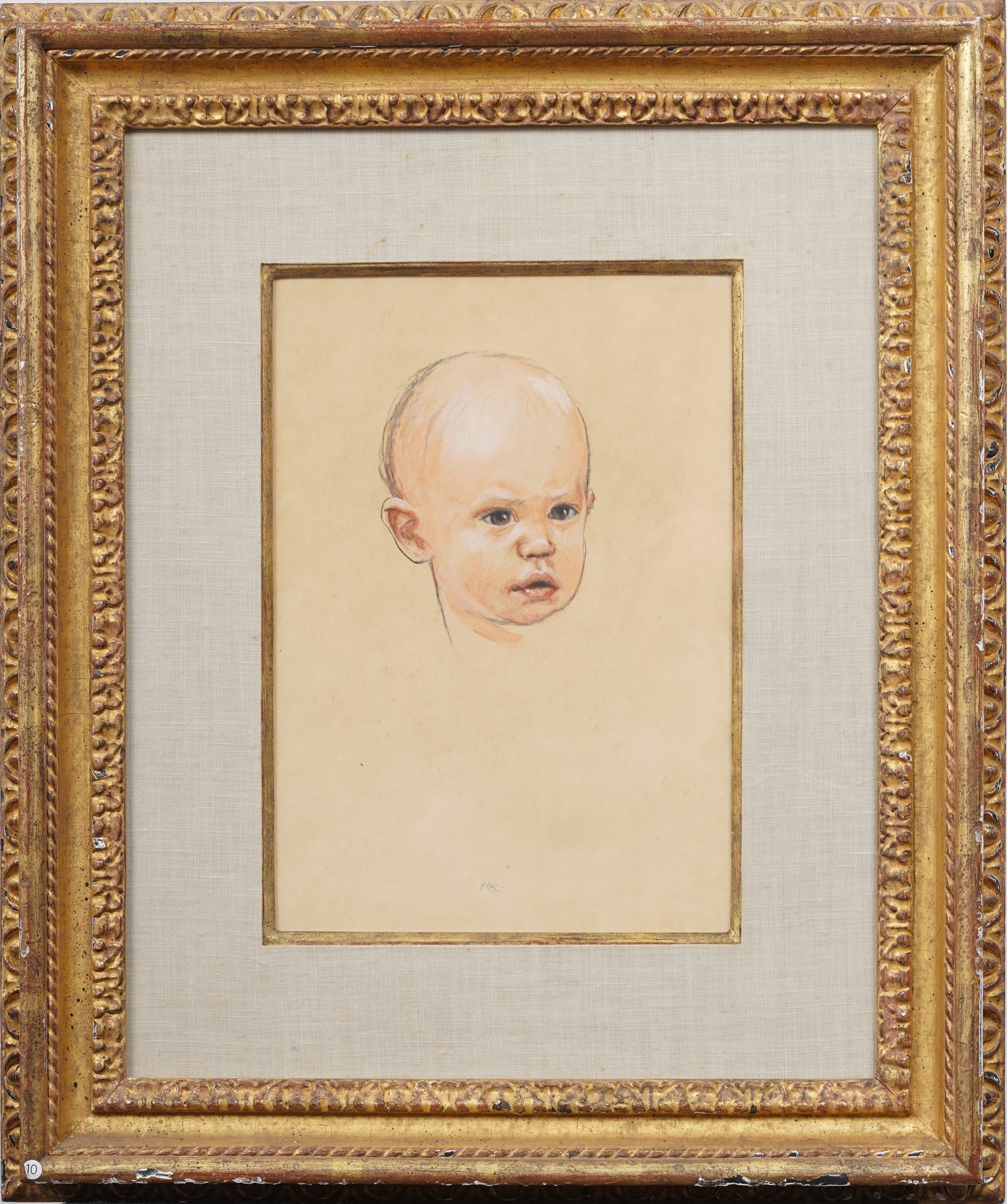 Henry Koehler (1927-2018) Antique American Nicely Framed Cute Baby Portrait Painting: Antique American realist portrait oil painting. Oil on board. Signed. Framed. Measuring 20 by 25 inches overall and 15 by 19.5 painting alone. Please see all images for condition. Size is measured and
