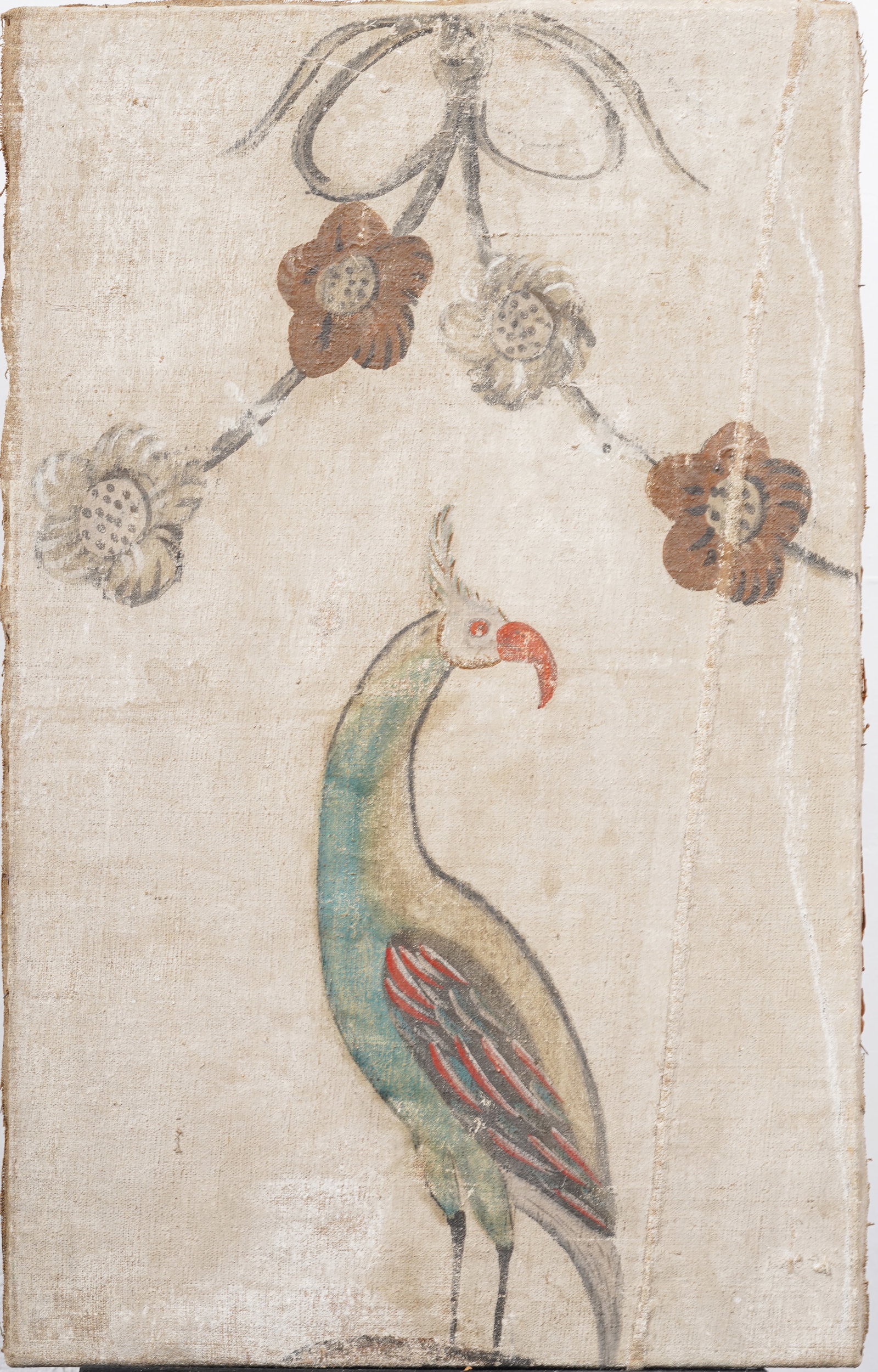 Antique Asian Exotic Tropical Bird Portrait Flower Still Life Oil Painting: Antique Asian bird portrait and flower still life oil painting. Oil on canvas. Measuring 21.75 by 34.75 inches. Please see all images for condition. Size is measured and written on the back of the pai