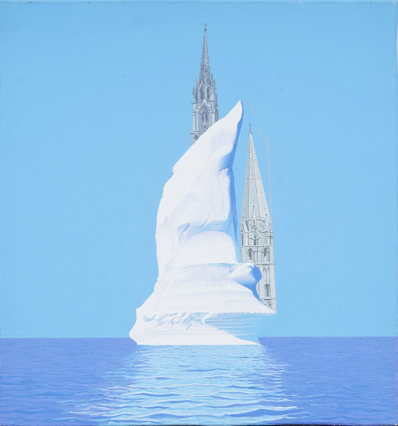 Robert Morris 1991 Signed American Surrealist Ocean Glacier Oil Painting: Antique American surrealist seascape painting. Mixed media on board. Signed. Measuring 14 by 15 inches. Please see all images for condition. Size is measured and written on the back of the painting. T