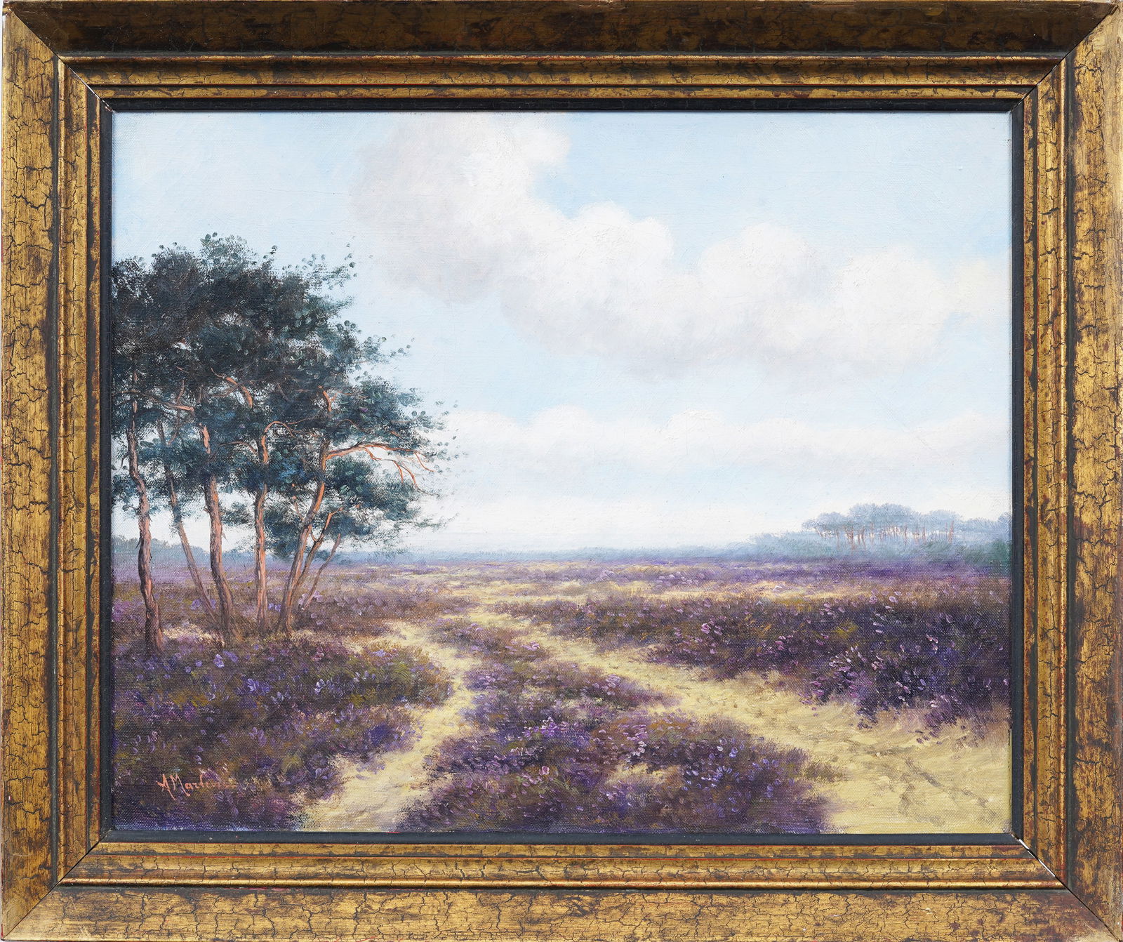 Antique American Impressionist Summer Wild Flower Landscape Signed Original Oil Painting