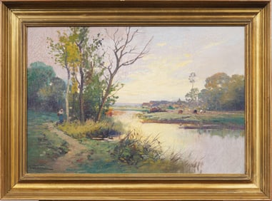19th Century French Impressionist Sunset Barbizon River Framed Landscape Oil Painting