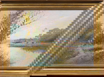 19th Century French Impressionist Sunset Barbizon River Framed Landscape Oil Painting: Antique French impressionist landscape oil painting. Oil on canvas. Signed. Framed. Measuring 19 by 26 inches and 15 by 22 painting alone. Please see all images for condition. Size is measured and wri