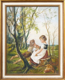 Charming Antique European Children Playing Framed Landscape Oil Painting