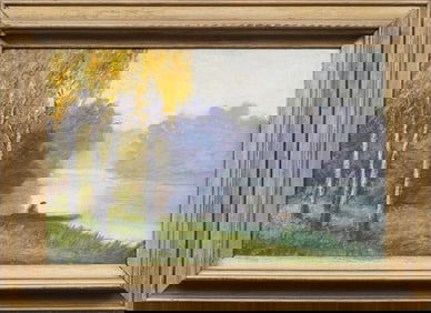 Antique Barbizon School French Impressionist Coastal River Landscape Framed Oil Painting