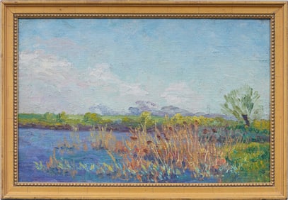 Antique European Impressionist Marsh Landscape Framed Oil Painting